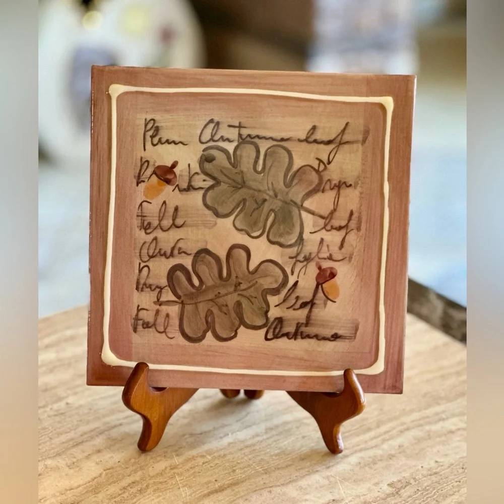 Crate & Barrel Set (2) Tile Trivets Hand Painted Made in Italy EUC Leaves Plum